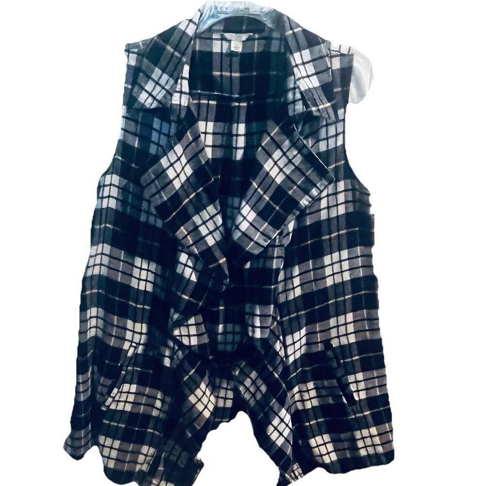 C Est 1946 Women’s Blue White Yellow Plaid Long Vest Collar Pockets Cotton Large